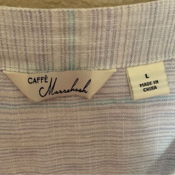 Caffe Marrakech Blue Stripe Linen-Blend Short Sleeve Shirt with Tie Front Size L - Picture 3 of 10